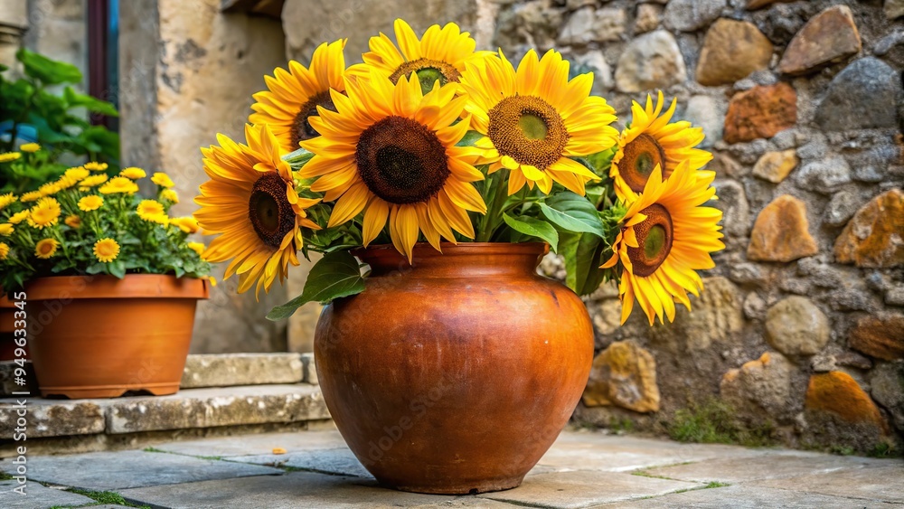 Wall mural 4. A Tuscan Red terracotta vase filled with fresh sunflowers, sitting on a weathered stone patio, a realistic photo image.