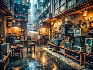 steamy nostalgic ambiance of a vintage electronics store on a rainy afternoon