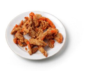 Crispy Fried Oyster Mushroom or Jamur Krispi. Oyster Mushroom Coated with Spiced Flour and Deep Fried. isolated on white