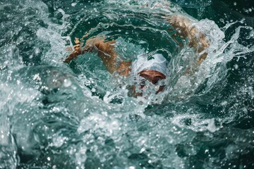 A man swimming in water with his head above the surface, creating swirling patterns in his wake, Swirling patterns created by a swimmer's wake