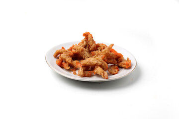 Crispy Fried Oyster Mushroom or Jamur Krispi. Oyster Mushroom Coated with Spiced Flour and Deep Fried. isolated on white