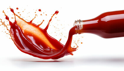 Isolated shot of ketchup bottle pouring Ketchup sauce from glass bottle Yammy delicious tasty with dramatic splashes white background 