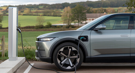 An electric car is being charged at a charging station in the countryside 