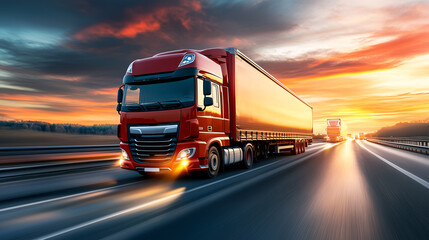 Red delivery truck is speeding down a highway at sunset