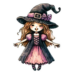 Cute girl in a witch costume with a large hat and pink dress. Vintage Halloween sticker isolated on transparent background.