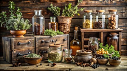 Fototapeta premium rustic country charm vintage apothecary distressed wood natural textures earthy tones cozy simplicity homemade craftsmanship gentle nostalgia