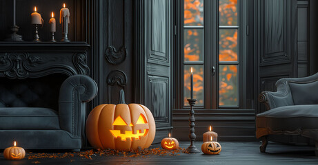 Obraz premium Mysterious dark Halloween interior. Apartment with scary creepy elements. Mystic halloween decoration in the room.