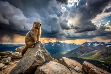 Dramatic stormy skies framing fearless marmot standing tall on rocky summit