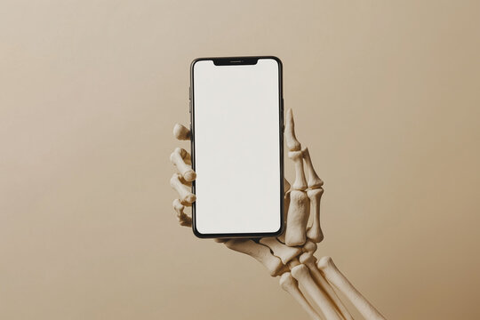Skeleton hand holding smartphone with white blank screen, beige background