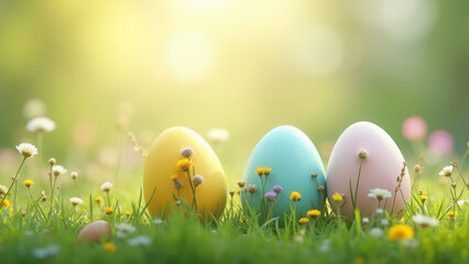 Fototapeta premium Beautiful easter eggs with flowers and copy space