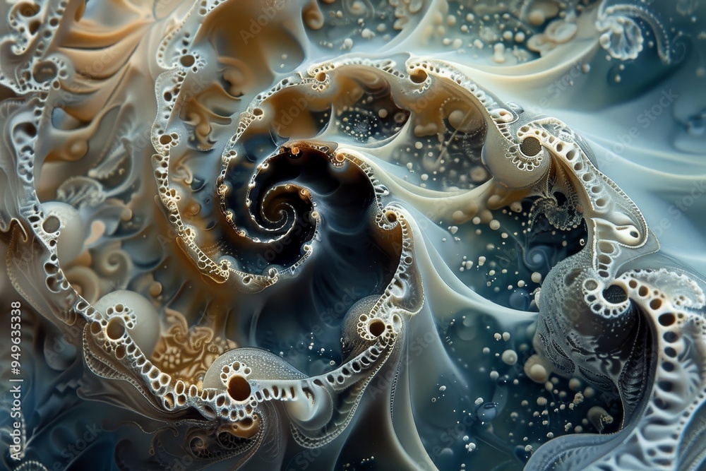 Poster a computer-generated spiral-shaped object with swirling patterns at a microscopic level, swirling pa