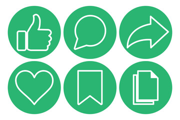 Like, comment, share, and save icon on speech bubble line. Social media elements