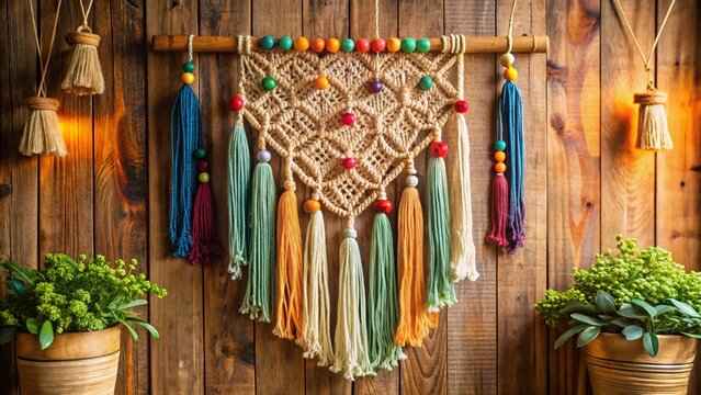 whimsical macrame wall hanging with colorful tassels and rustic wooden pins against a soft bohemian background with warm natural light