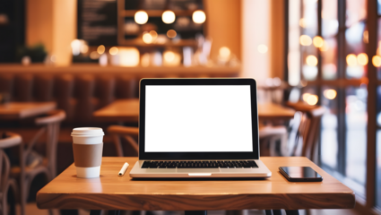 Laptop with a blank screen for mock-up and coffee cup on a wooden table in modern cozy cafe setting.