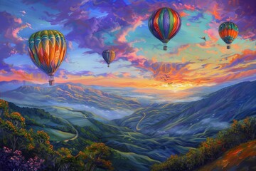 Fototapeta premium Colorful Hot Air Balloons Over Mountainous Landscape During Sunset