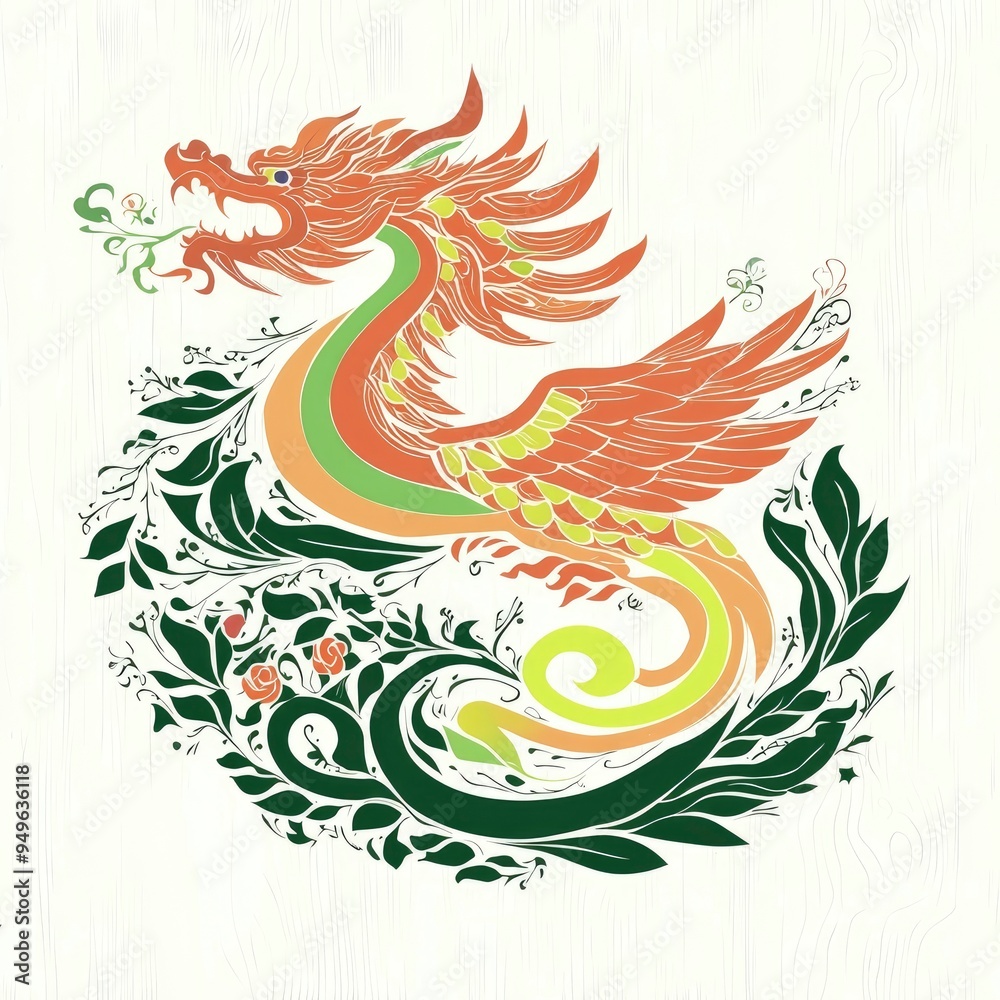 Poster Mythical Dragon with Floral Design