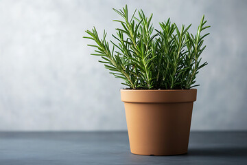 A potted rosemary plant on a table against a textured background.