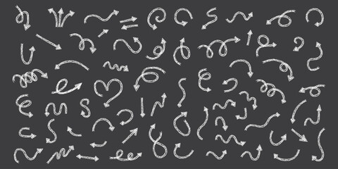 Chalk scribble arrows set. Collection of handdrawn crayon line elements.