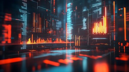 Futuristic Financial Data Analysis with Vibrant Digital Screens and 3D Metrics Visualization