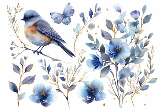 recommend clip art: Delicate greenery arrangements watercolor painted set. Bouquets with blue, turquoise leaves and branches, violet wild flowers, bird, golden line graphics. Design template art collection.
                    
                    
                    