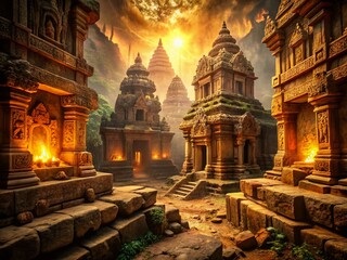 Fototapeta premium ancient temple ruins hidden beneath massive treasure trove with intricate carvings warm golden light soft focus mystical atmosphere historic exploration concept