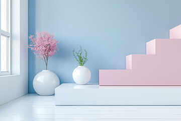 Minimalist blue room interior with pink staircase design and plants decor