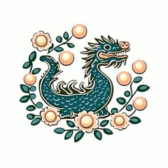 Obraz premium Chinese Dragon with Floral Wreath Illustration