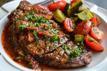 Fototapeta premium A white plate filled with Swiss steak covered in tomato sauce and assorted vegetables, Swiss steak with a tomato sauce and vegetables