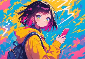 Anime girl in yellow hoodie and pink hair using a smartphone against a colorful abstract background. .