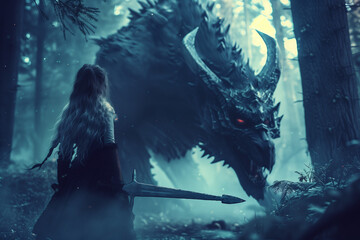 Obraz premium Female Monster Hunter armed with a sword faces a terrifying creature in a dark forest during Halloween season