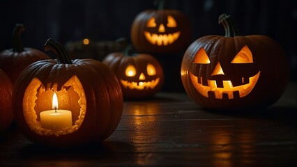 Fototapeta premium Halloween Pumpkin head jack lantern on wooden plank with burning candles on blurred background