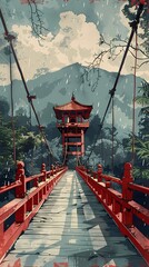 Naklejka premium ancient wooden suspension bridge illustration poster background