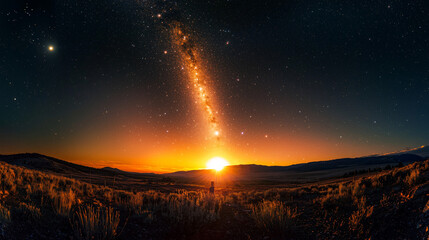 Fototapeta premium Photographing a solar flare, a wide-angle lens photographing the night sky with a solar flare, showcasing the dynamic and energetic solar phenomenon 