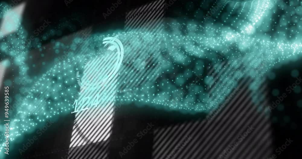 Poster digital data points forming abstract shape with numerical animation over dark background