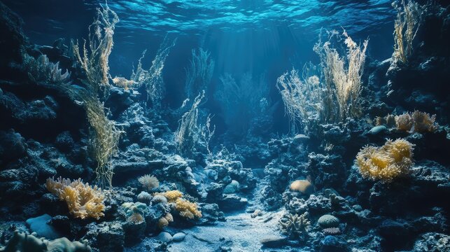 An underwater scene with dying marine life, highlighting the effects of ocean acidification