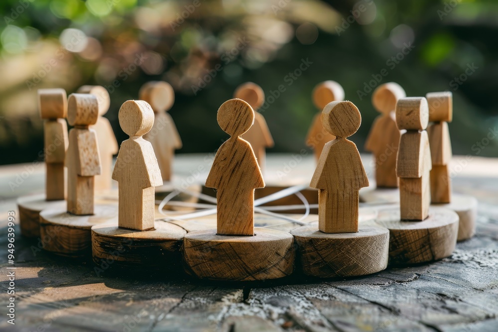 Sticker Group of wooden people standing on top of a table, representing unity and teamwork, Symbolic representation of group dynamics and communication