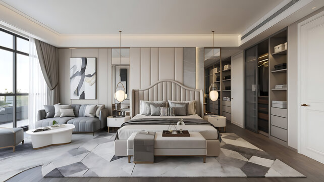 Modern luxurious bedroom interior,Home interior design,Scandinavian style,Master bedroom with furnitures