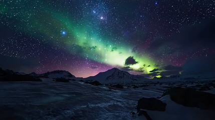 Naklejka premium Photographing aurora australis, a wide-angle lens photographing the shimmering aurora australis in a remote, dark location, showcasing the vibrant colors of the southern lights 