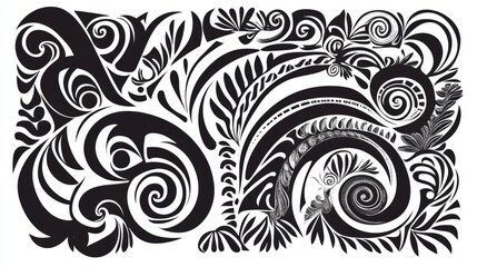 A black and white geometric illustration of Maori koru patterns, featuring spirals, swirls, and stylized floral elements. This design symbolizes growth, new beginnings, and the interconnectedness of l
