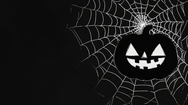 A black and white image of a carved pumpkin with a spooky grin, nestled in a intricate spiderweb against a dark background. The image symbolizes Halloween, mystery, darkness, and the thrill of the unk