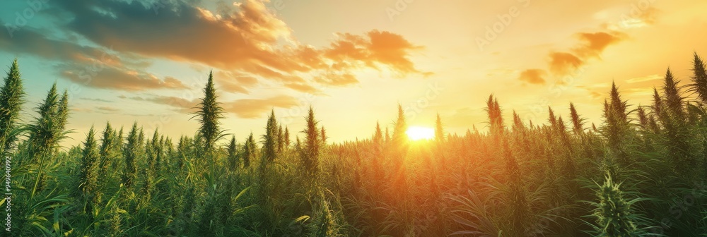 Wall mural a breathtaking sunset illuminates a verdant marijuana field, symbolizing growth, serenity, nature's 