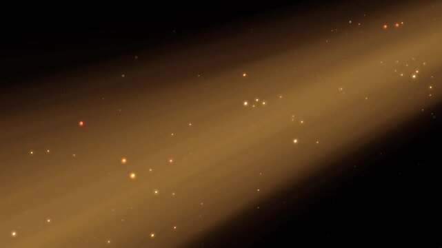 Warm golden hued background with light rays streaming diagonally. The scene is filled with glittering particles that resemble stars, creating a serene atmosphere. 4K and Seamless loop