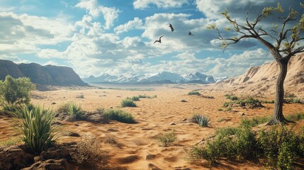 A desertification process, with a thriving ecosystem gradually turning into barren land