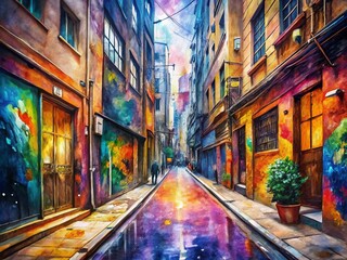 Obraz premium vibrant watercolor Melbourne street art laneways bold colors abstract shapes dynamic brushstrokes urban energy
