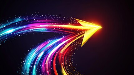 Obraz premium A colorful arrow formed by intersecting light streams, curving elegantly as it points to the right on a black background, clear light, realistic photo lifelike 8K