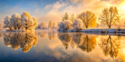 luxuriant morning misty landscape frozen foggy trees reflecting mirrored glassy lake serene silence surreal atmosphere warm golden light ethereal frosty winter wonderland
