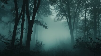 Obraz premium A captivating image of a misty woodland path, with tall trees silhouetted against the dense fog. The scene evokes a sense of mystery, tranquility, and the beauty of nature's ethereal embrace.