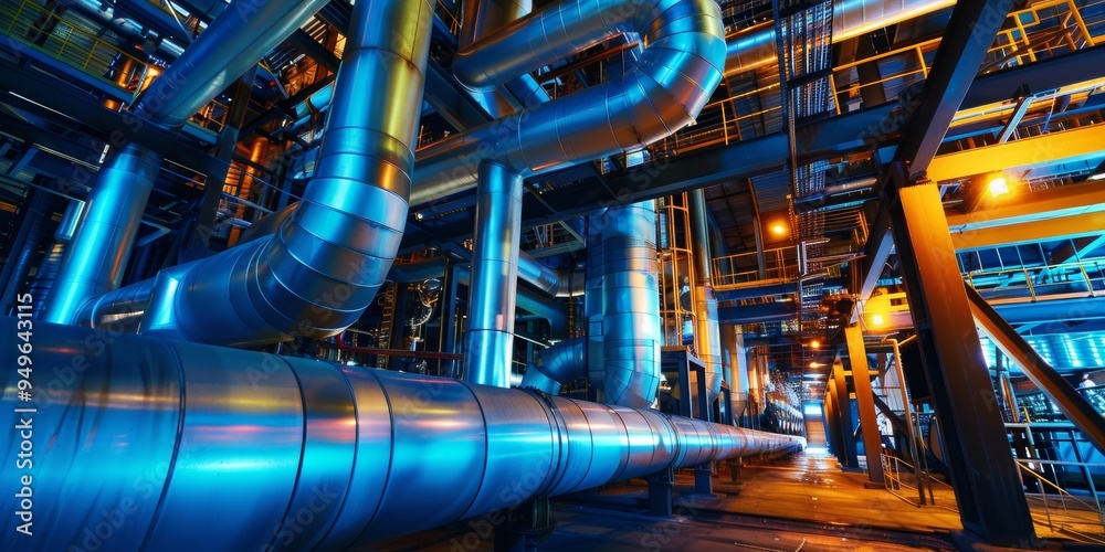 Poster industrial piping system with illuminated structures