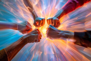 Team members joining hands in unity and synergy to create a powerful force, Synergy among team members creating a powerful force