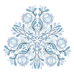 Vector decorative illustration of floral mandala in blue colors isolated on white background. Ornate flourish circle clip art with blooming flowers arrangement for invitations, cards and stickers